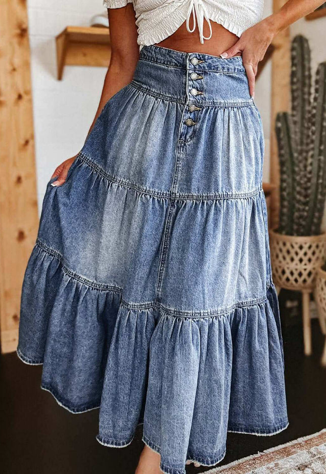 Tiered Button-Fly Denim Skirt - Plush Fashion Shop #