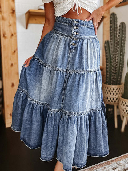 Tiered Button-Fly Denim Skirt - Plush Fashion Shop #