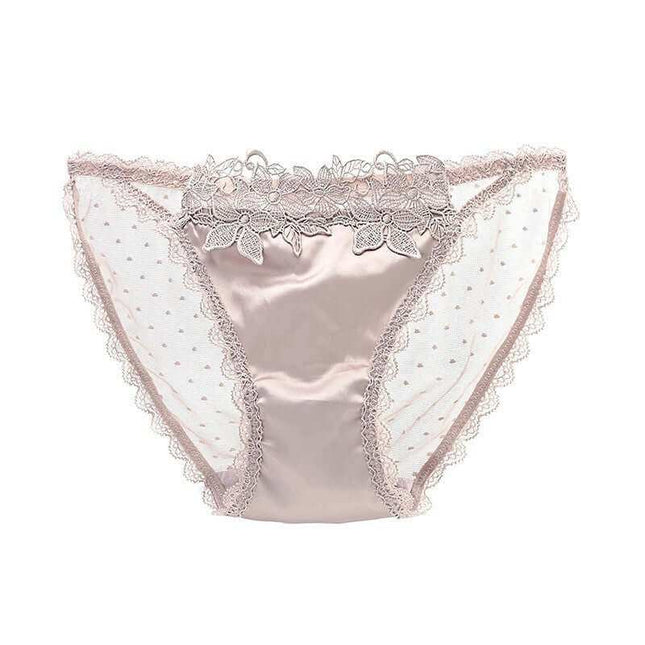 Women's see-through mesh low waist underwear in elegant lace design.