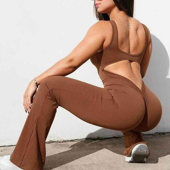 Slim Fit Hip Raise backless exercise jumpsuit in brown, highlighting a stylish and confident look.