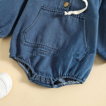 Boys' Denim Hooded Triangle Rompers Outing Jumpsuit