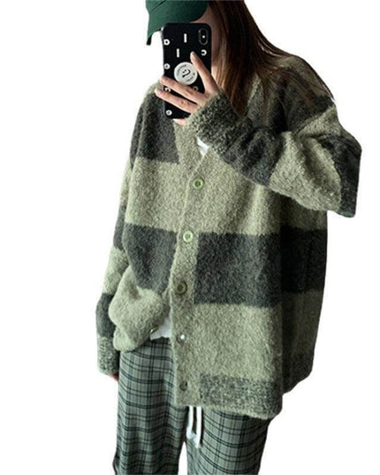 Slim Green Plaid Contrast Knit Women - Plush Fashion Shop #