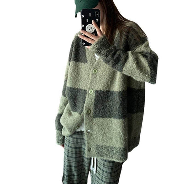 Slim Green Plaid Contrast Knit Women - Plush Fashion Shop #