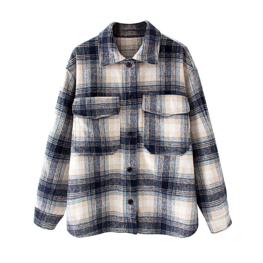 Brushed plaid coat for women with classic grid pattern and stylish design.