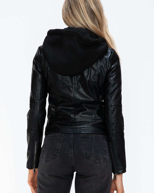 Snobbish  Leather Zip Up Drawstring Hooded Jacket