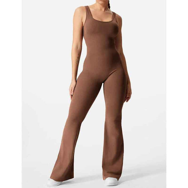 Slim Fit Hip Raise backless brown jumpsuit for women, comfortable polyester fabric, available in black or brown, sizes S-XL.