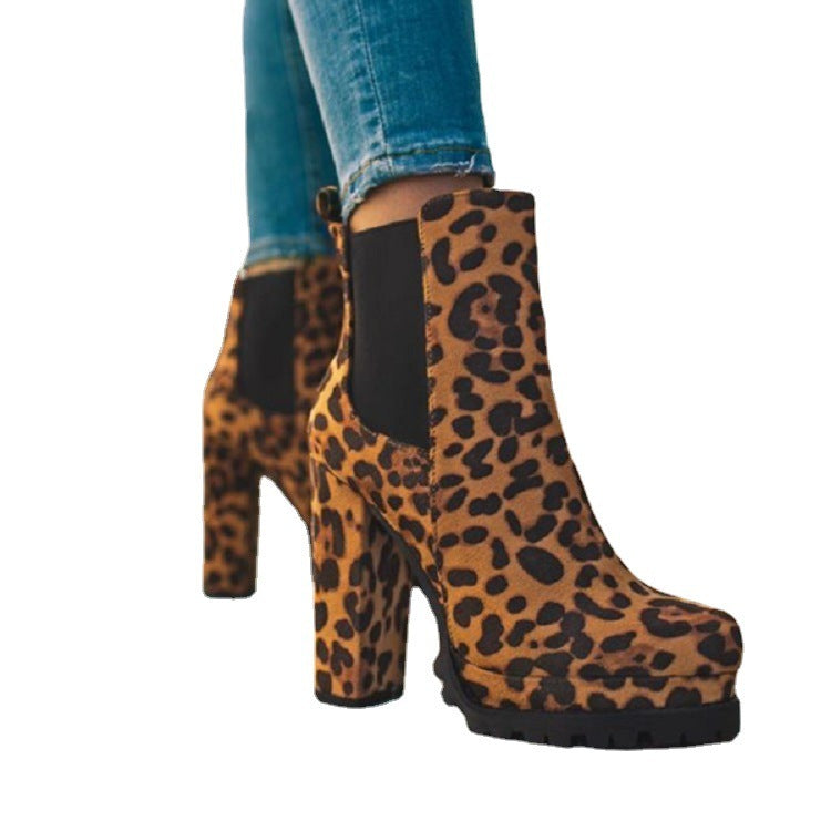 Round-toe Ankle Boots Solid Leopard Print Thick Square High Heel Shoes - Plush Fashion Shop #