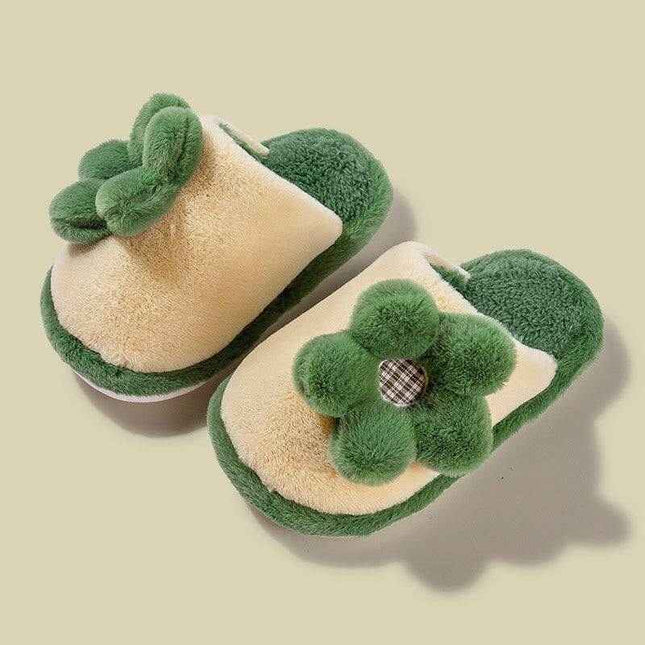 Parent-child cartoon indoor non-slip cotton slippers with flower design and soft soles in green.