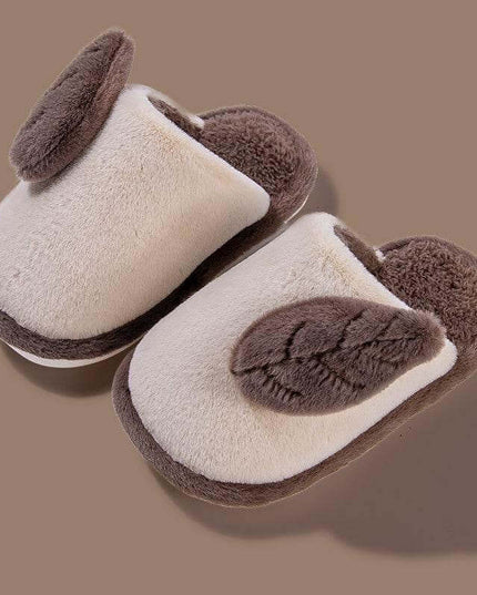 Parent-child cute cartoon indoor non-slip soft-soled cotton slippers in brown with leaf design.