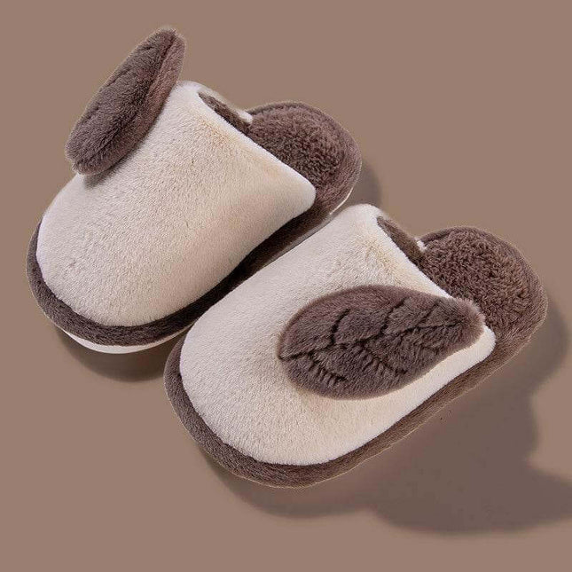 Parent-child cute cartoon indoor non-slip soft-soled cotton slippers in brown with leaf design.