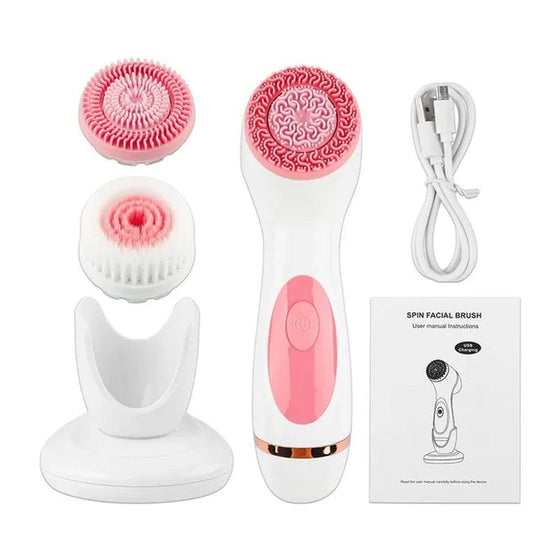 Advanced Ultrasonic Facial Cleansing Brush with interchangeable heads and charger.