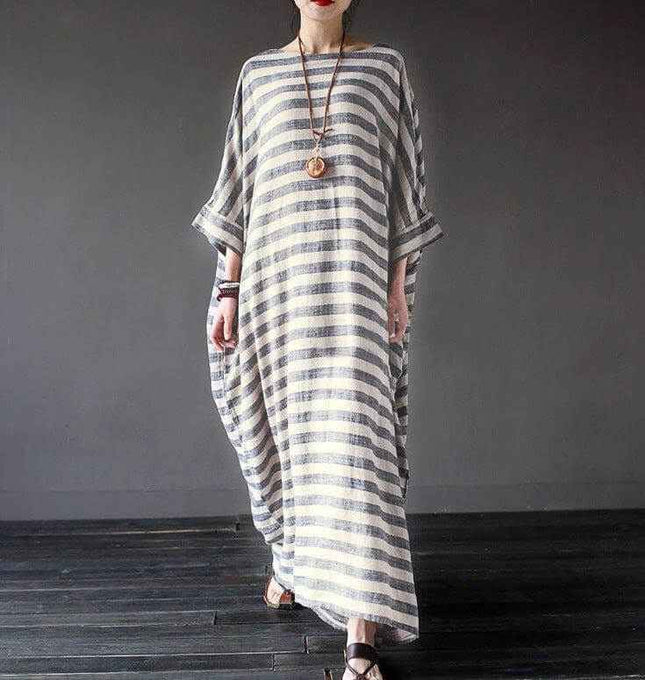 Cotton And Linen Stripes Loose Plus Long Dress