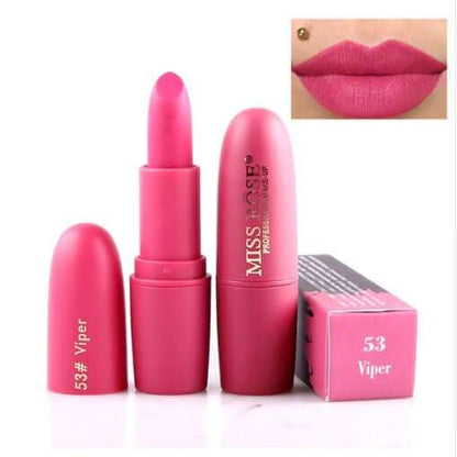 Lipstick matte moisturizing, pink shade, long-lasting finish.