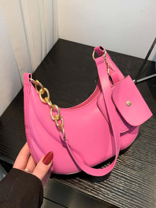  Pink PU leather shoulder bag with gold chain accents and attached EarPods bag.