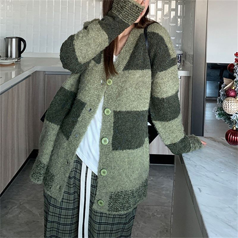 Slim Green Plaid Contrast Knit Women - Plush Fashion Shop #