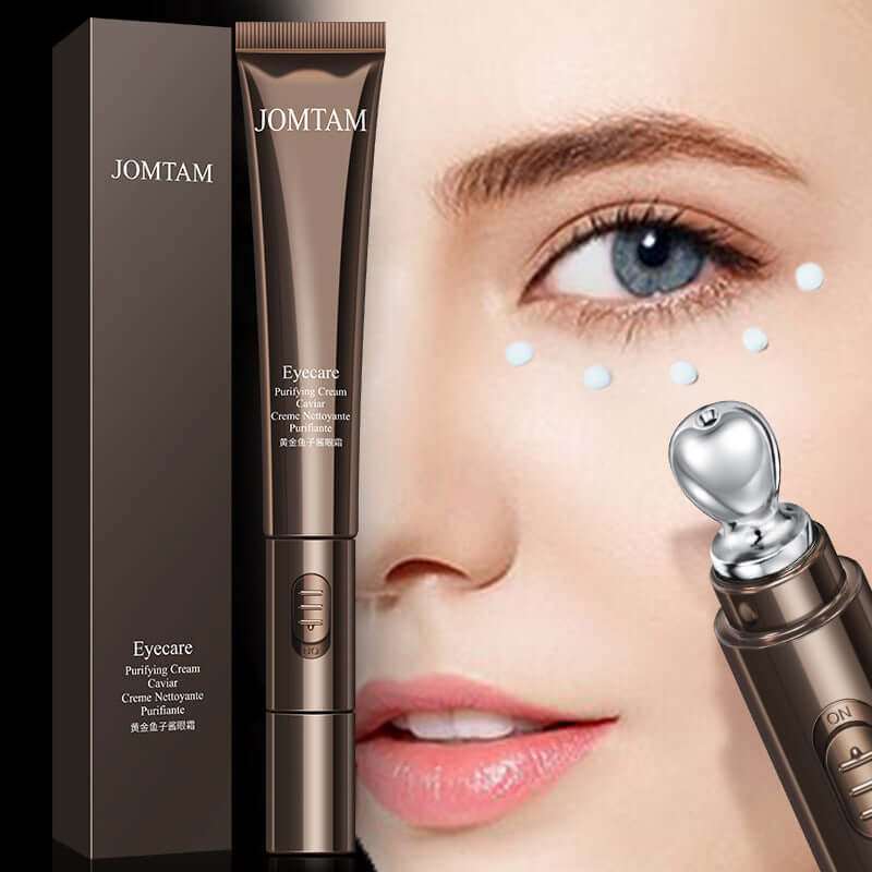 Improve Eye Bags Firming Eye Skin Care Products packaging and applicator shown next to a woman's eye.