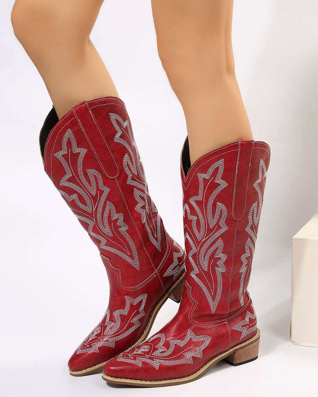 Leather Embroidered Geometric Point Toe Boots - Plush Fashion Shop #