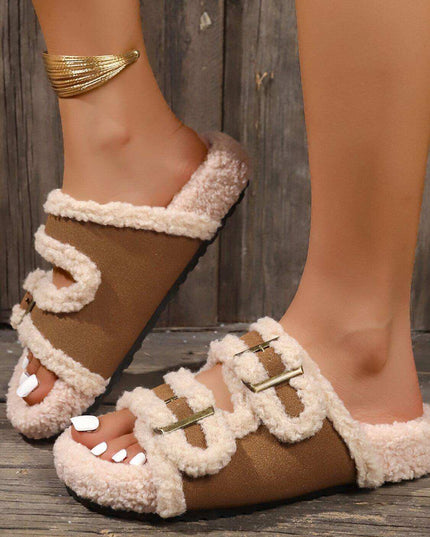 Fluffy Contrast Open Toe Slippers - Plush Fashion Shop #