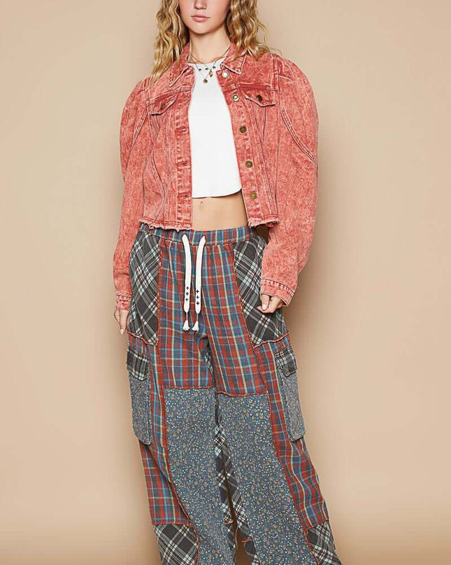 POL Raw Hem Button Up Cropped Denim Jacket - Plush Fashion Shop #