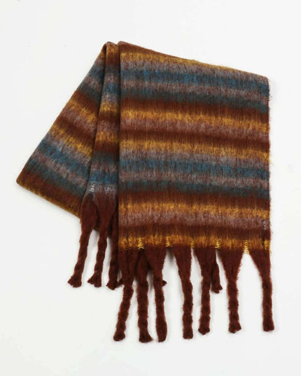 Fringe Contrast Striped Polyester Scarf - Plush Fashion Shop #