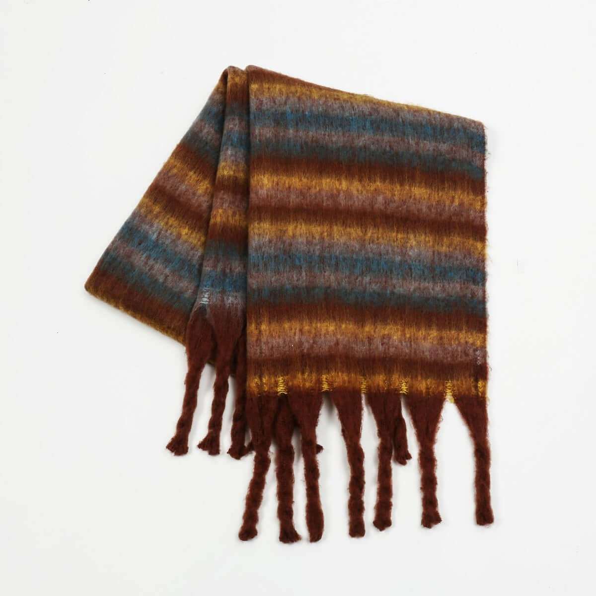 Fringe Contrast Striped Polyester Scarf - Plush Fashion Shop #