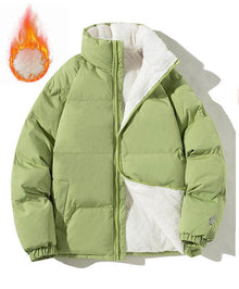  Women's green stand-up collar winter warm plush thick coat with pockets.