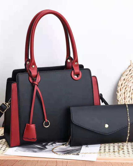 Fashionable women's handbag and wallet set in black and red, with European and American style design.