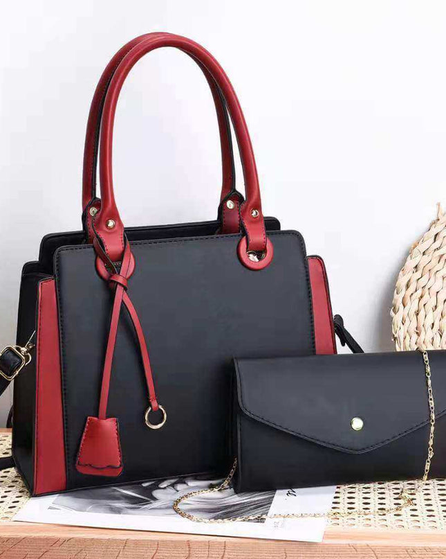 Stylish women's handbag in black and red PU material with trendy sequin details and matching wallet.