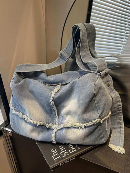 Raw Hem Gradient Crossbody Bag for women in denim with spacious interior.