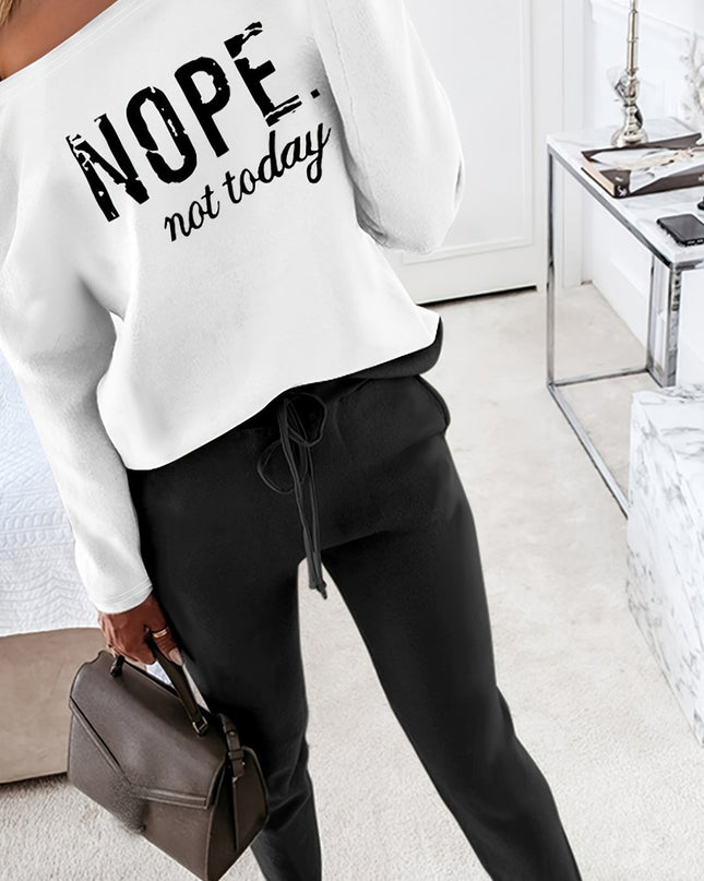 Women's 2 Piece Nope Not Today Print Skew Neck Long Sleeve Pullover Top with Stretchy Waist Long Pants Outfit