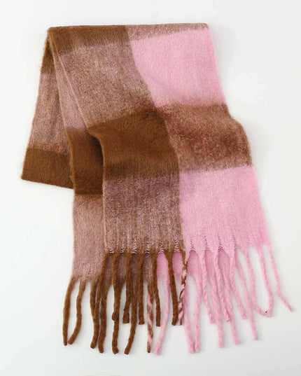 Fringe Contrast Plaid  Scarf - Plush Fashion Shop #