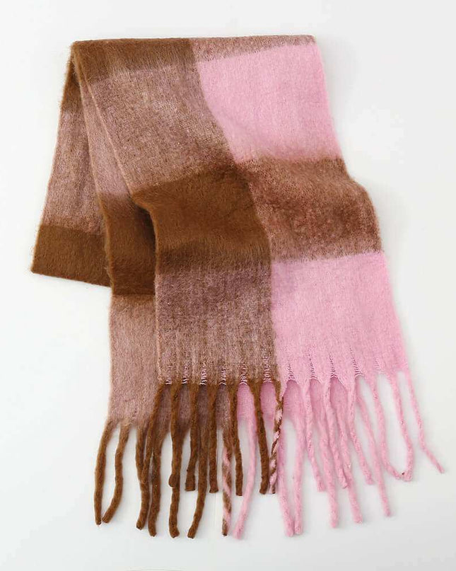 Fringe Contrast Plaid  Scarf - Plush Fashion Shop #