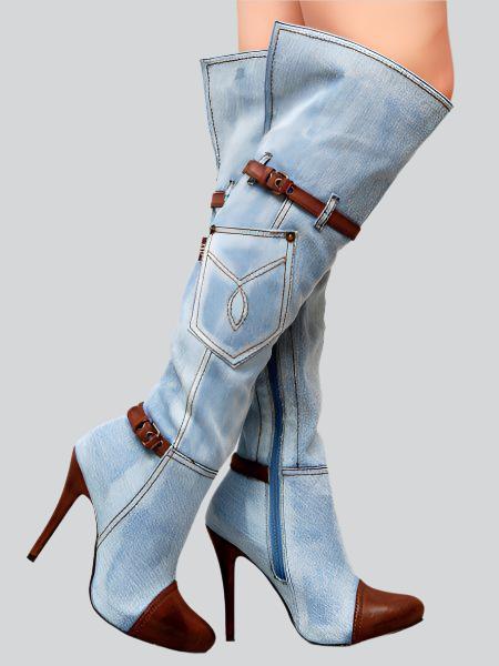 Women's denim plus size high heel knee-high boots with leather stitching and belt buckle.