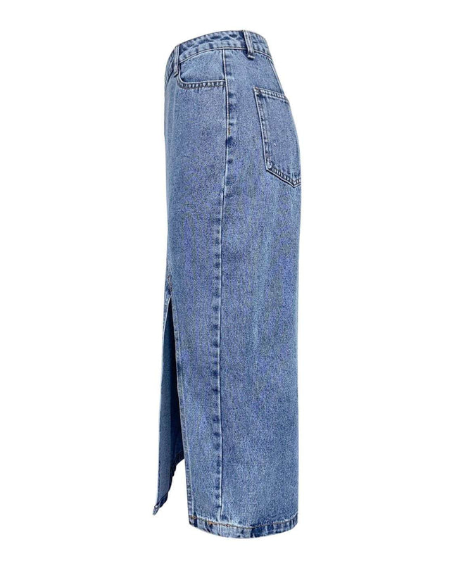 Slit Asymmetrical Waistband Midi Denim Skirt - Plush Fashion Shop #