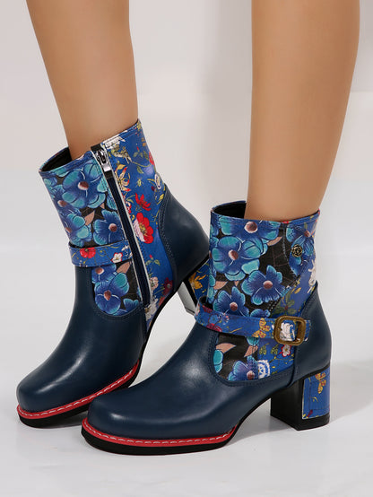 Women's  Leather Flower Block Heel Boots