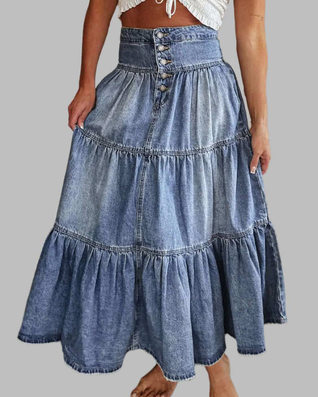 Tiered Button-Fly Denim Skirt - Plush Fashion Shop #