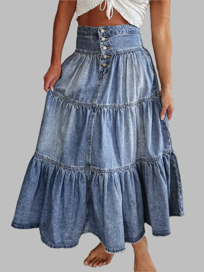 Tiered Button-Fly Denim Skirt