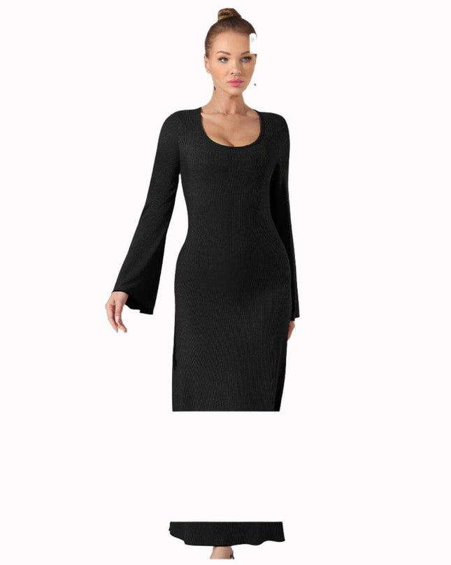 Women's fashion simple solid color dress, elegant black, perfect for any occasion.