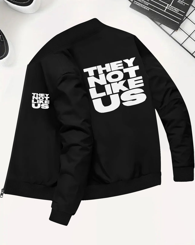 Men's Skinny Fit Casual Slight Stretch, Zipper Closure, "They Not Like Us" Print - Jackets