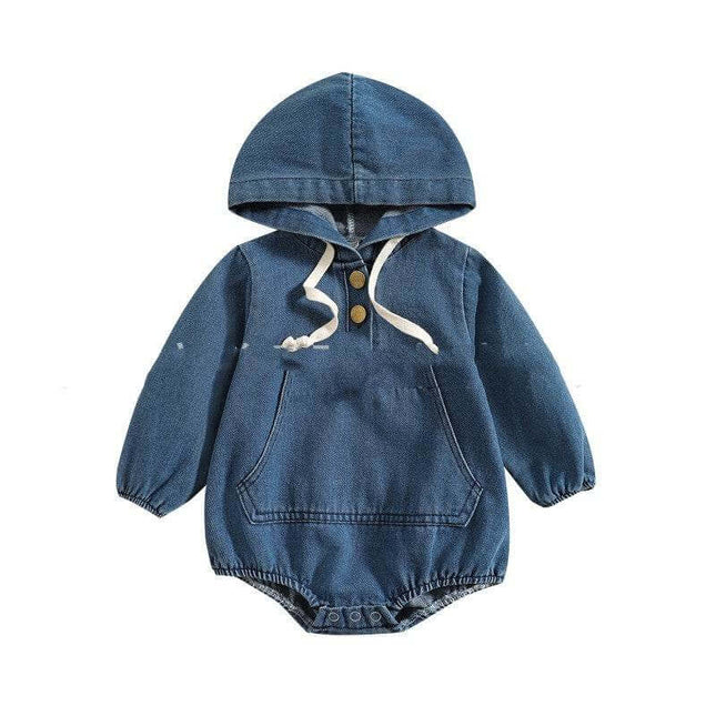 Boys' denim hooded romper jumpsuit with pullover style.