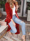 Open Front Long Sleeve Coat in red worn over a white top with jeans