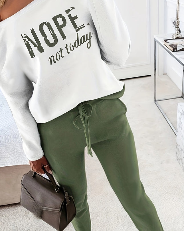 Women's 2 Piece Nope Not Today Print Skew Neck Long Sleeve Pullover Top with Stretchy Waist Long Pants Outfit