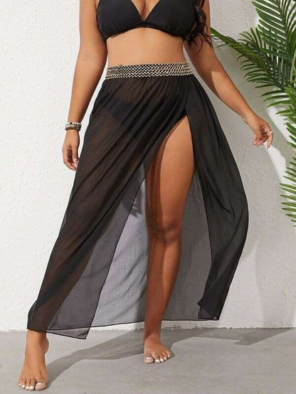 Plus size breathable mesh split beach skirt in solid color.