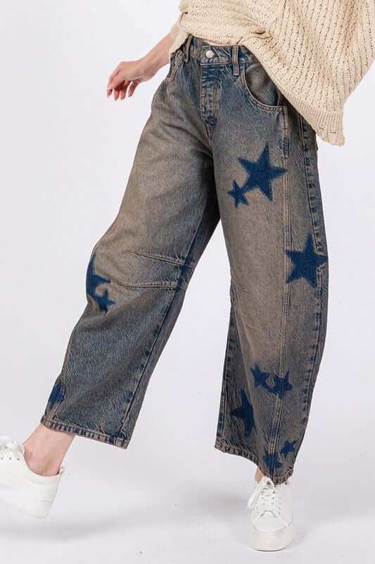 Women's Star Wide Leg Jeans with Pockets - Plush Fashion Shop #