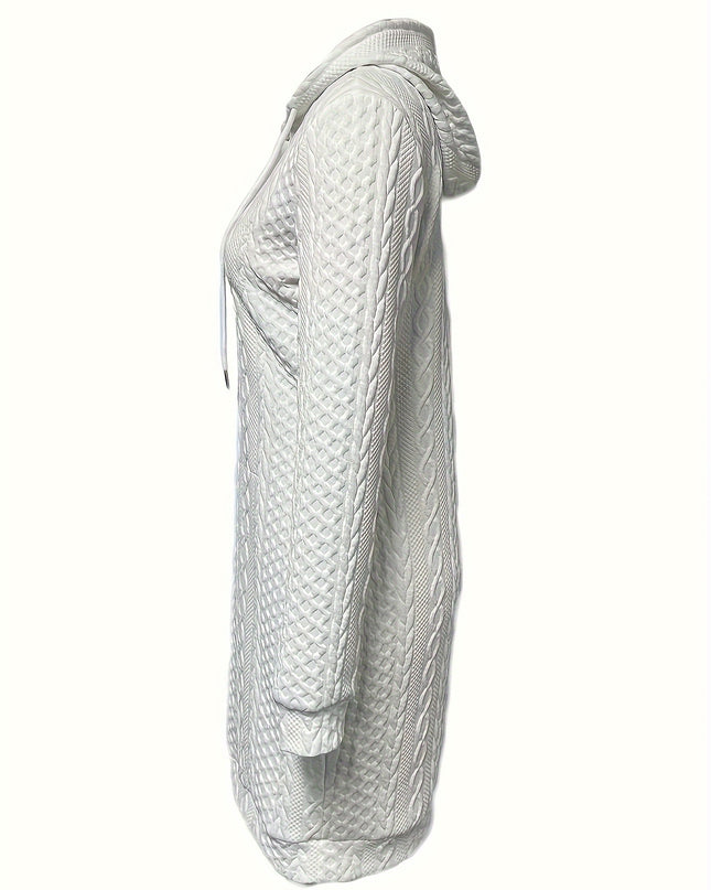 Elegant Cable-Knit Hooded Dress - Chic Long Sleeve, Knee-Length Sweater Dress for Winter - Plush Fashion Shop