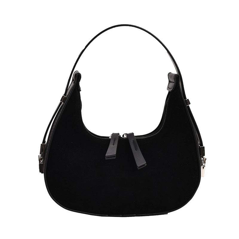 Fashion high-grade matte French handbag with single shoulder strap in black.