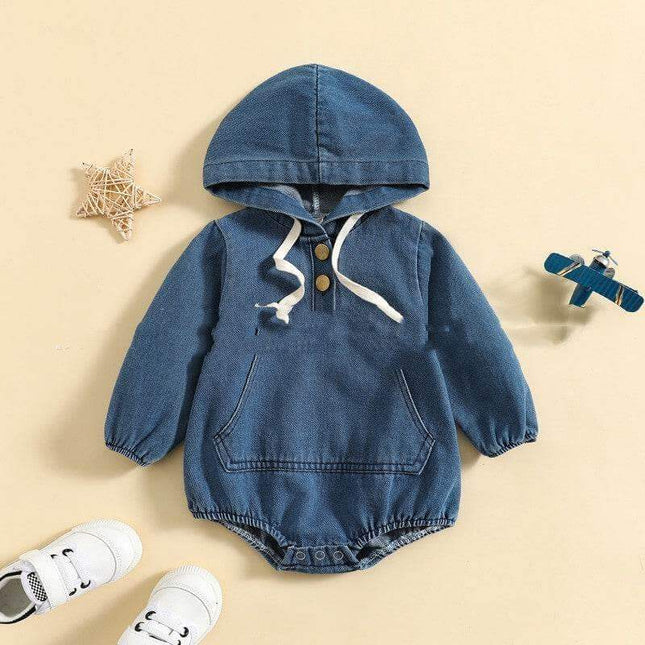 Boys' denim hooded romper jumpsuit with pullover style and cozy hood.