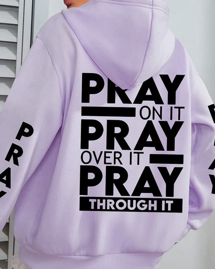 PRAY Print Plus Size  Kangaroo Pocket Hoodie -