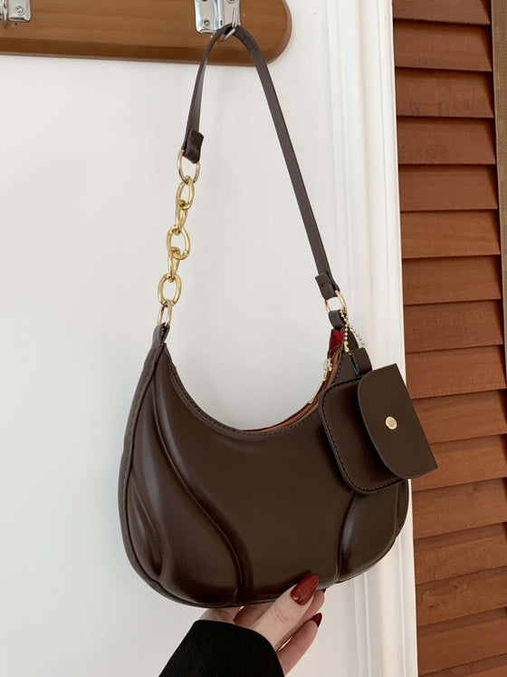 PU Leather Shoulder Bag with EarPods Bag, medium-sized, stylish, brown color, spacious interior.