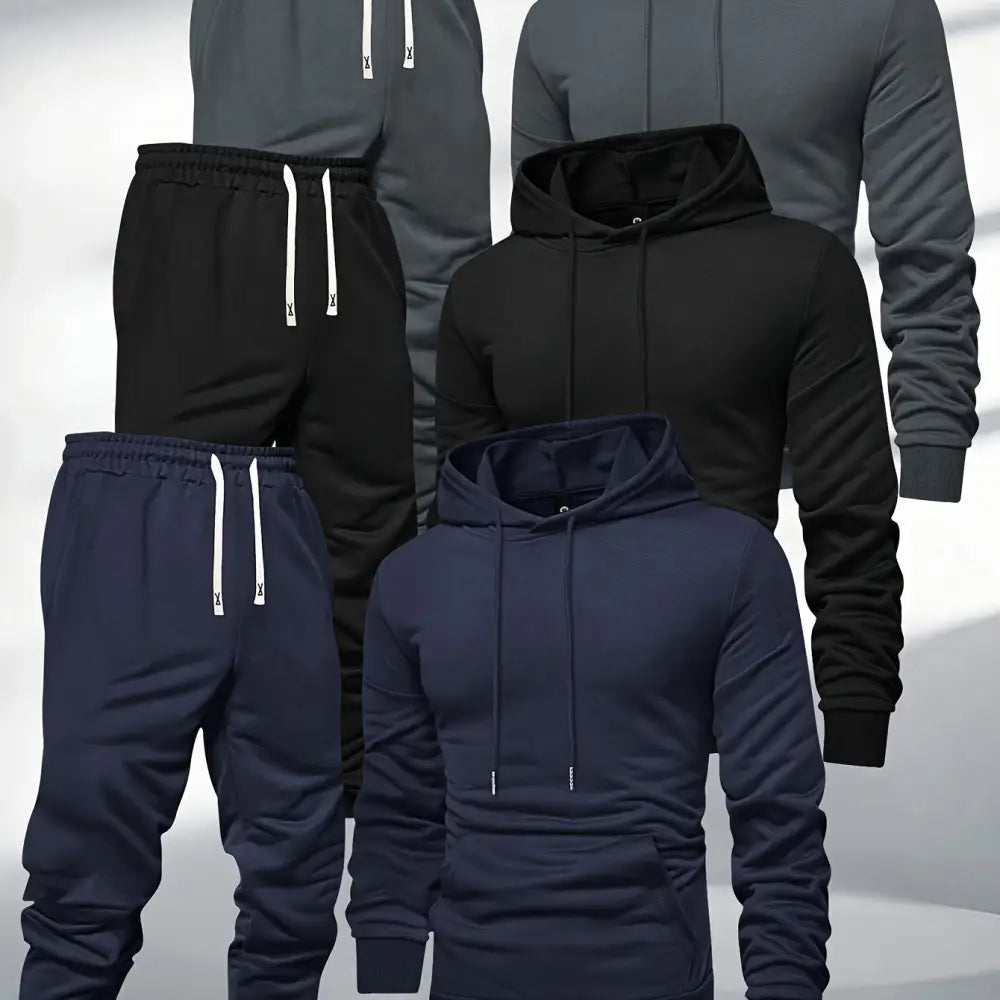 Assorted athletic wear featuring a 3pcs Men’s Hooded Sweatshirt and Sweatpants Set